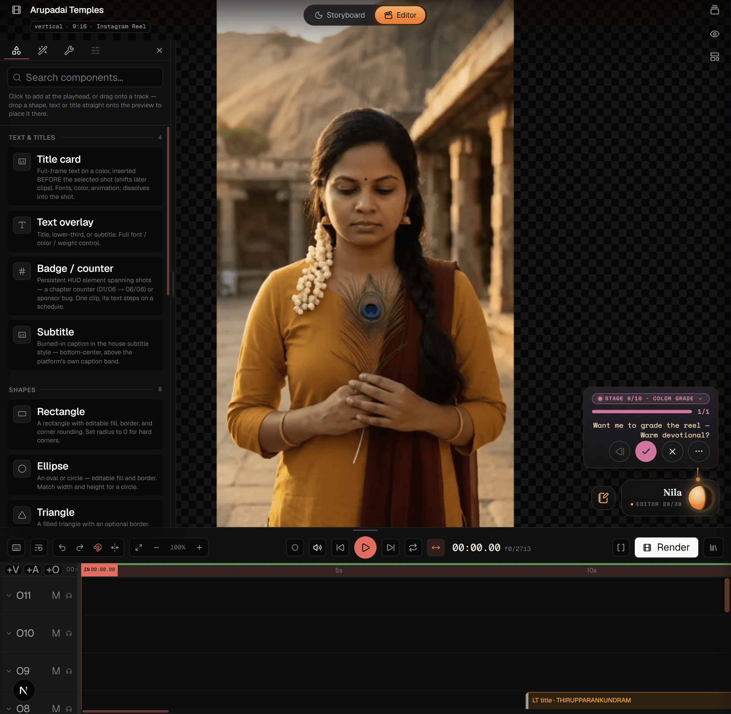 The Editor: the components panel on the left, the preview monitor, and the multi-track timeline below with Nila's finishing dock on the right.