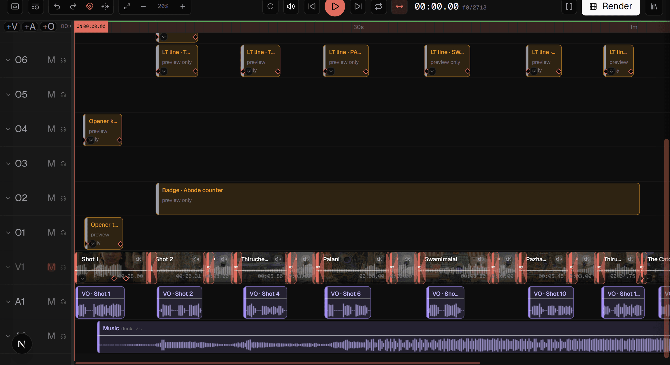 The timeline lanes: overlay tracks O1–O6 with titles and a badge, the V1 footage track with the shots and their transitions, then A1 with the voiceover clips and a ducked music bed on A2.