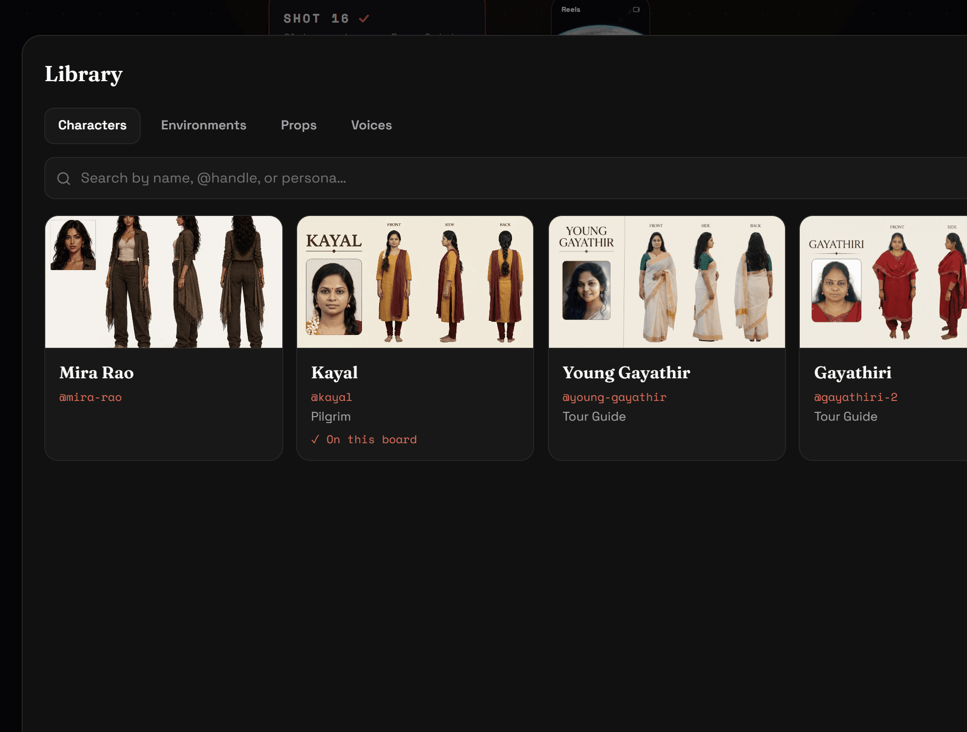 The Library drawer listing saved characters, environments and props with their master images.