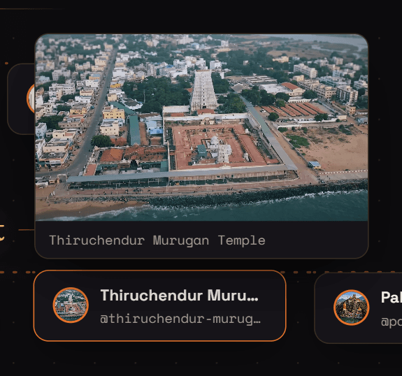 Hovering a temple chip pops its master image — Thiruchendur Murugan Temple from above.