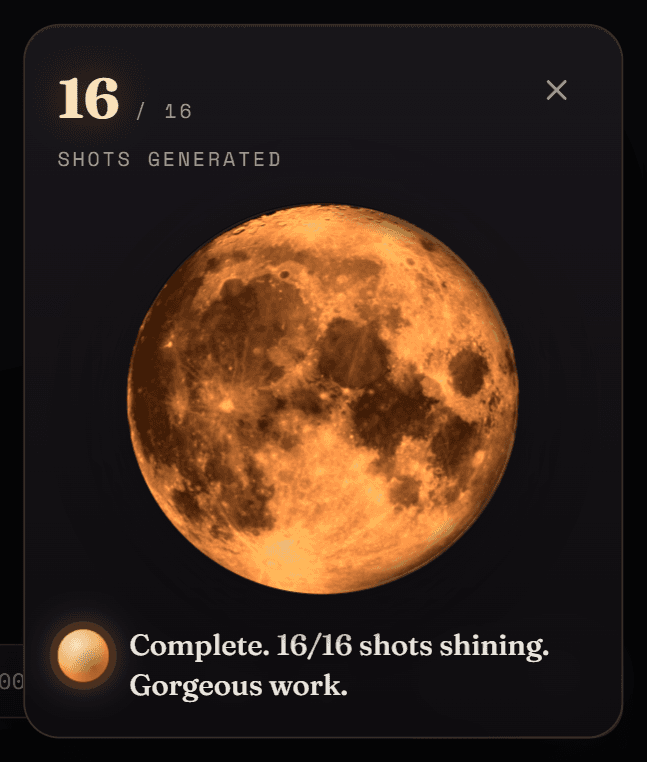 The Moon progress panel open, showing the phase of the storyboard and the count of shots generated.