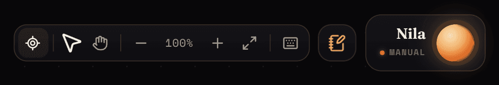 The navigation cluster: Home, Select, Hand, zoom out, zoom level, zoom in, fit, and the shortcuts button, next to Nila's dock.