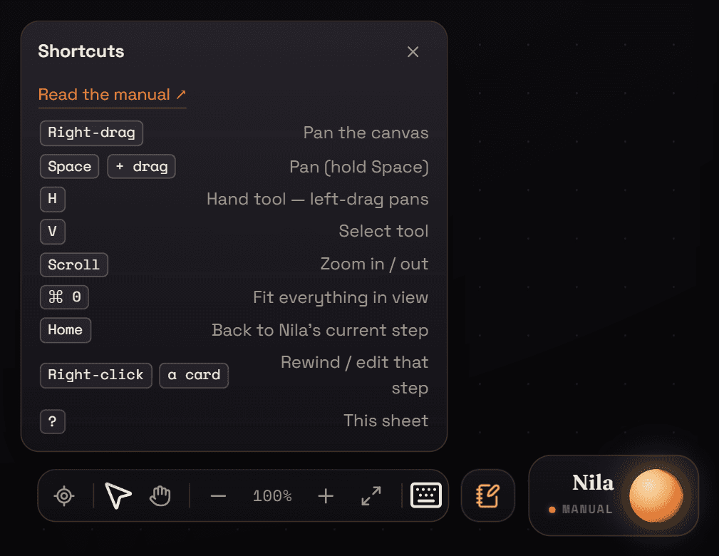 The in-app shortcut sheet opened from the ? button on the navigation cluster.