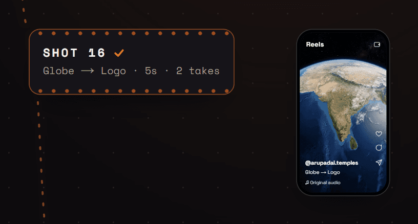 One shot's row: a numbered shot chip with its decisions, connected to a phone-shaped preview of the generated take.